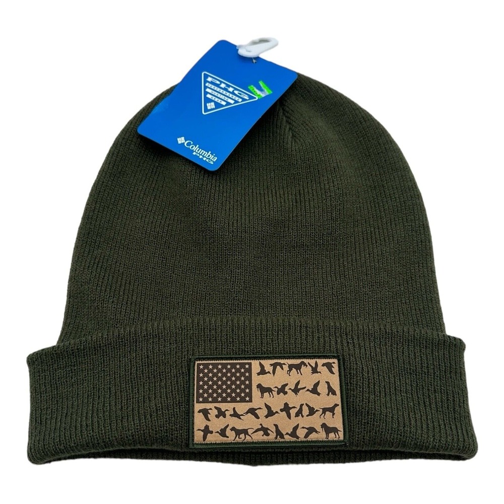 Columbia PHG Beanie Green Surplus Knit Cuffed Winter Hat Cap Flag Patch Outdoors